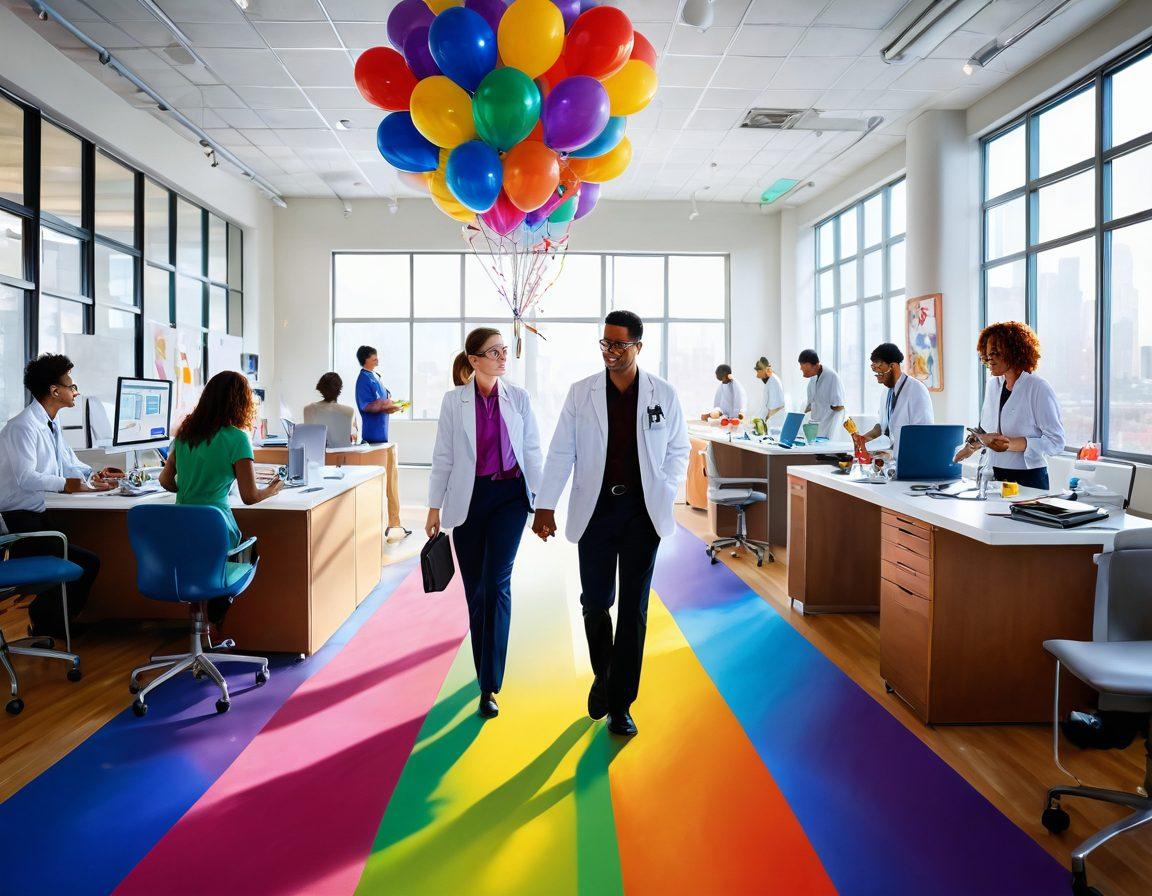 A vibrant scene depicting a diverse group of individuals joyously exploring different career paths, such as an artist painting, a scientist in a lab, and a businessperson in a modern office, all interconnected by colorful pathways symbolizing their journeys. The background is bright and uplifting with elements like sunrays and balloons representing joy and opportunities. super-realistic. vibrant colors. white background.