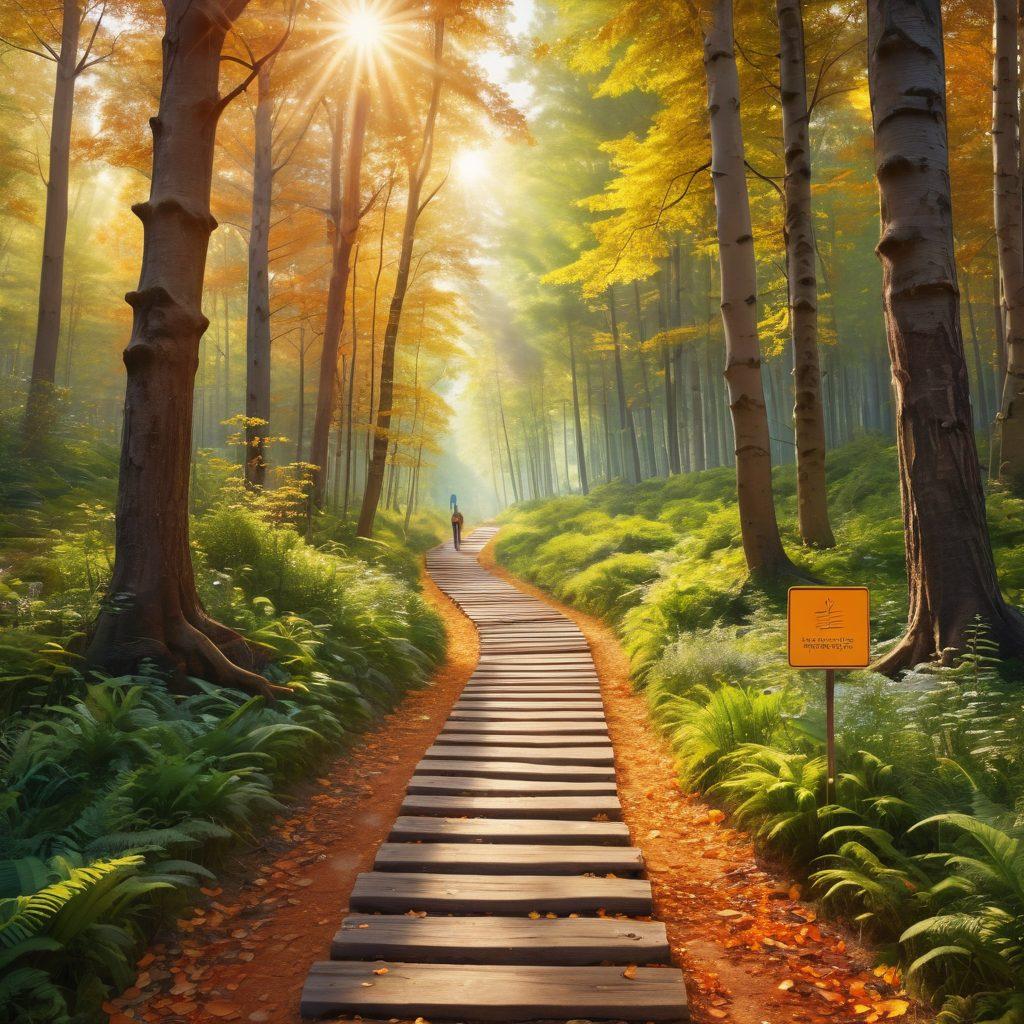 A serene pathway leading through a vibrant forest, symbolizing the journey to professional happiness. Along the path, diverse people in professional attire engaging in joyful activities, representing different career opportunities. Soft sunlight filtering through the trees, creating a warm and inviting atmosphere. Include signs pointing towards various professions like art, technology, and healthcare. super-realistic. vibrant colors. inspirational.