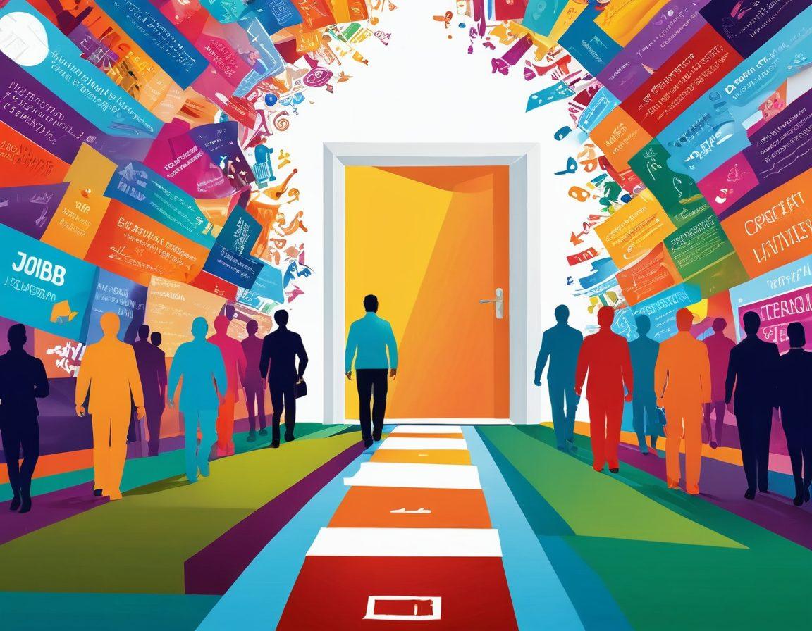 A vibrant, stylized pathway leading to an open door, symbolizing career growth and opportunities. Along the path, diverse figures representing various professions, looking towards a bright future. Include job vacancy posters and motivational quotes in the background. The scene is infused with energetic colors to convey positivity and ambition. vector art. vibrant colors. white background.